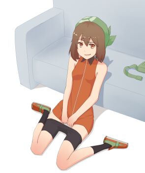 00s 1girl alternate_costume bad_id bad_pixiv_id bandana bike_shorts bike_shorts_pull breasts brown_eyes brown_hair clothes_pull couch female_focus green_bandana hat highres looking_at_viewer may_(pokemon) may_(pokemon_emerald) nintendo nyonn24 on_floor pokemon pokemon_rse shirt short_hair shorts shorts_pull sitting sleeveless sleeveless_shirt small_breasts smile solo thighs wariza
