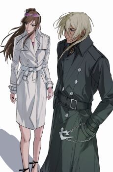 1boy 1girl ace_attorney alternate_costume amikoiiko ankle_ribbon apollo_justice:_ace_attorney belt_buckle black_ribbon black_shoes blonde_hair blue_eyes brown_hair buckle buttons chain chain_necklace closed_mouth coat dark-skinned_male dark_skin double-breasted drill_hair earrings ema_skye eyewear_on_head facing_to_the_side feet_out_of_frame fingernails green_coat half_updo high_heels highres index_ring initial jewelry klavier_gavin leg_ribbon long_hair long_sleeves medium_hair mismatched_eyebrows necklace pink-tinted_eyewear pink_shirt pocket ribbon shadow shirt shoes simple_background single_earring sunglasses tinted_eyewear trench_coat white-framed_eyewear white_background white_coat