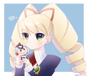 1girl blonde_hair blue_background blush drill_hair geo_stelar_(mega_man) green_eyes heart holding holding_stuffed_toy long_hair looking_at_viewer luna_platz_(mega_man) mega_man_(series) mega_man_star_force_(series) nooo_ji omega-xis_(mega_man) simple_background star_force_mega_man stuffed_animal stuffed_toy twin_drills very_long_hair