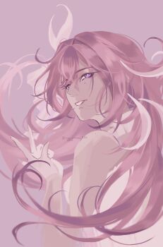 1girl absurdres bare_shoulders breasts commentary corset diamond-shaped_pupils diamond_(shape) elysia_(herrscher_of_human:_ego)_(honkai_impact) elysia_(honkai_impact) english_commentary from_side highres honkai_(series) honkai_impact_3rd long_hair medium_breasts meg_greeny520 multicolored_hair parted_lips pink_hair purple_background purple_eyes solo symbol-shaped_pupils two-tone_hair upper_body very_long_hair white_corset white_hair