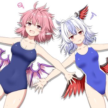2girls alternate_costume animal_ears bird_ears blue_one-piece_swimsuit blush breasts cleavage collarbone commentary_request commission competition_swimsuit covered_navel head_wings highres lying multicolored_hair multiple_girls mystia_lorelei new_school_swimsuit no_headwear on_back one-piece_swimsuit open_mouth outstretched_arms pink_eyes pink_hair purple_hair red_wings rise_(rise19851203) school_swimsuit second-party_source single_head_wing skeb_commission smile spread_arms squiggle sweatdrop swimsuit tokiko_(touhou) touhou two-tone_hair white_hair wings