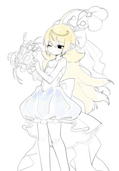 1girl antennae back_bow bare_shoulders black_eyes blonde_hair bouquet bow bubble_skirt closed_mouth dress elbow_gloves empty_eyes flat_chest flower flower_on_head frills gloves hair_bow hands_up high-low_dress highres holding holding_bouquet hufy light_blush limited_palette long_hair looking_at_object nintendo one_eye_closed partially_colored personification petite pikmin_(series) pointy_ears sidelocks simple_background sketch skirt solo standing strapless strapless_dress very_long_hair wedding_dress white_background yellow_pikmin