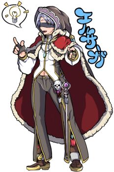 Rule 34 | 1boy, black cape, black gloves, black shirt, blindfold, cape, commentary request, fingerless gloves, full body, fur-trimmed cape, fur trim, gloves, gold trim, hood, hood up, hooded cape, index finger raised, jewelry, light bulb, long sleeves, male focus, navel peek, necklace, official alternate costume, open mouth, purple hair, ragnarok iris, ragnarok online, red cape, shirt, short hair, simple background, skull, smile, solo, spoken light bulb, staff, translation request, two-sided cape, two-sided fabric, two-tone shirt, warlock (ragnarok online), white background, white shirt