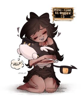 1girl barefoot black_bow black_bowtie black_dress black_hair bow bowtie character_plush closed_eyes cyn_(murder_drones) dog dress glitch_productions hat highres long_hair low-tied_sidelocks murder_drones n_(murder_drones) puffy_short_sleeves puffy_sleeves shirt short_sleeves sidelocks skinsuit solo