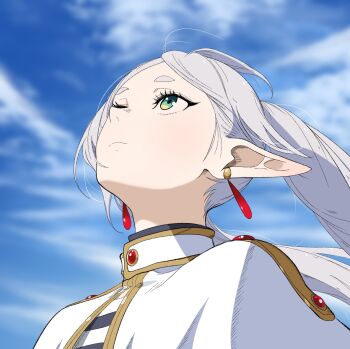 1girl blue_sky blurry blurry_background capelet cloud earrings elf expressionless eyelashes frieren gold_trim green_eyes grey_hair hashtag-only_commentary head_back highres jewelry long_pointy_ears looking_up meme parted_bangs pointy_ears shirt sky solo sousou_no_frieren speedoshi striped_clothes striped_shirt teardrop_earrings thick_eyebrows twintails upper_body upward_angle_frieren_drawing_(meme) white_capelet