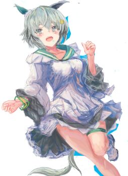 1girl animal_ears blue_eyes blush breasts collarbone commentary_request dress ear_covers flower green_sailor_collar grey_hair hair_between_eyes hair_flower hair_ornament hairclip horse_ears horse_girl horse_tail long_sleeves looking_at_viewer open_mouth sailor_collar seiun_sky_(reeling_in_the_big_one)_(umamusume) seiun_sky_(umamusume) shoes short_hair simple_background single_ear_cover small_breasts solo sunflower sunflower_hair_ornament tail thigh_strap umamusume white_background white_dress yanagi_wakana