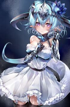 1girl 40_(0f0urw) absurdres aqua_hair armor black_thighhighs blue_flower blush breastplate breasts diamond-shaped_pupils diamond_(shape) dragon_girl dragon_horns dragon_tail dress elbow_gloves filene_(shadowverse) flower garter_straps gauntlets gloves granblue_fantasy hair_between_eyes hair_flower hair_ornament hand_on_own_chest headpiece highres horns looking_at_viewer medium_breasts medium_hair parted_lips pointy_ears purple_eyes solo strapless strapless_dress symbol-shaped_pupils tail thighhighs white_dress