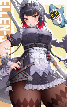 1girl 1other absurdres apron arm_behind_back black_dress black_hair black_pantyhose blush breasts closed_mouth colored_inner_hair commentary dress ellen_joe english_commentary fins fish_tail frilled_apron frilled_hairband frilled_wrist_cuffs frills hairband hand_on_own_hip highres large_breasts maid maid_apron maid_headdress multicolored_hair pantyhose pink_eyes pink_hair puffy_short_sleeves puffy_sleeves red_nails shark_girl shark_tail sharkboo_(zenless_zone_zero) short_sleeves taiji_(jonglopoggyeog1) tail thighs waist_apron white_apron white_wrist_cuffs wrist_cuffs zenless_zone_zero