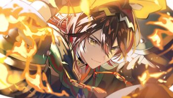 1boy black_gloves black_hair black_jacket brown_hair chinese_clothes chinese_guardian_lion closed_mouth crossed_bangs fire gaming_(genshin_impact) genshin_impact gloves hair_between_eyes highres jacket jewelry koujisako lion_dance looking_at_viewer male_focus multicolored_hair neck_ring red_hair short_hair simple_background smile solo streaked_hair tassel twitter_username upper_body v-shaped_eyebrows white_background yellow_eyes