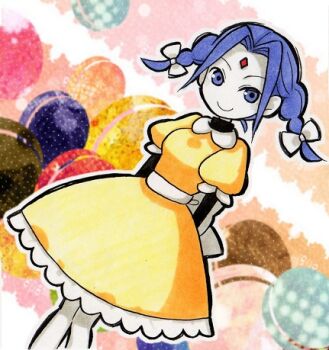 1girl bindi blue_hair cartoon_network colored_skin dc_comics dress facial_mark food forehead_mark grey_skin lowres numae_kaeru pastry purple_eyes purple_hair raven_(dc) teen_titans twintails yellow_dress