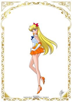 1girl aino_minako artist_name back_bow bishoujo_senshi_sailor_moon blonde_hair blue_eyes bow choker circlet elbow_gloves flower gloves hair_bow high_heels inner_senshi jewelry long_hair looking_at_viewer magical_girl marco_albiero orange_choker orange_sailor_collar orange_shoes orange_skirt red_bow rose sailor_collar sailor_senshi sailor_senshi_uniform sailor_venus shoes signature skirt smile solo twitter_username white_gloves