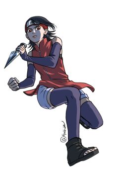 Rule 34 | 1girl, black hair, black thighhighs, boruto: naruto next generations, clenched hand, commentary request, detached sleeves, forehead protector, frown, full body, headband, highres, holding, holding kunai, holding weapon, kunai, matsu (fu6ide2), medium hair, naruto (series), no eyewear, red eyes, red headband, serious, sharingan, short shorts, shorts, signature, sleeves past wrists, solo, thighhighs, twitter username, uchiha sarada, weapon