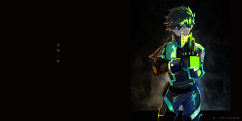 1boy adjusting_clothes adjusting_gloves boku_no_hero_academia commentary_request cowboy_shot freckles gloves green_eyes green_hair highres hood hood_down looking_at_another male_focus midoriya_izuku negative_space shiny_skin short_hair skin_tight solo thighs translation_request unou_(unou_mha)
