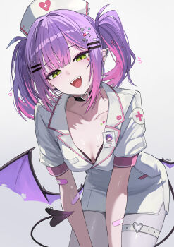 1girl :d absurdres alternate_costume alternate_hairstyle black_bra bra bra_peek breasts cleavage commentary demon_girl demon_tail demon_wings dress earrings english_commentary fangs gradient_hair green_eyes hair_ornament hairclip hat heart heart_o-ring highres hololive id_card jewelry kkato leaning_forward looking_at_viewer low_wings medium_breasts medium_hair multicolored_hair nurse nurse_cap nurse_dress o-ring o-ring_thigh_strap open_mouth pantyhose parallel_hairclips piercing pink_hair pointy_ears puffy_short_sleeves puffy_sleeves purple_hair short_dress short_sleeves smile solo spiked_ear_piercing tail tail_ornament tail_piercing thigh_strap tokoyami_towa twintails underwear virtual_youtuber white_dress white_pantyhose wings