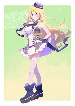 Rule 34 | 1girl, aki mabayu, aki mabayu (cosplay), bare shoulders, black boots, blonde hair, blush, boots, border, breasts, closed mouth, commentary request, cosplay, crop top, cropped shirt, crown, detached sleeves, frilled skirt, frills, full body, green background, grey sleeves, grey thighhighs, hair between eyes, highres, large breasts, long hair, long sleeves, looking at viewer, magia record: mahou shoujo madoka magica gaiden, mahou shoujo madoka magica, midriff, navel, outline, outside border, purple skirt, red eyes, serizawa serizane, shirt, skirt, sleeveless, sleeveless shirt, smile, solo, standing, thighhighs, togame momoko, two-tone background, v-shaped eyebrows, watermark, white border, white outline, white shirt, yellow background, zettai ryouiki