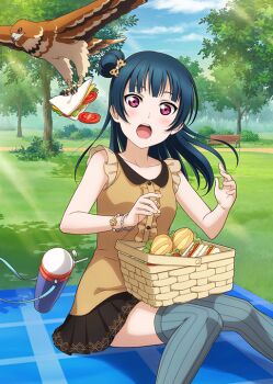 Rule 34 | 10s, 1girl, :o, artist request, bare shoulders, bench, bird, blue hair, blue sky, blunt bangs, blush, bow, bracelet, cloud, cloudy sky, collarbone, day, female focus, food, hair bow, hair bun, jewelry, long hair, looking at viewer, love live!, love live! school idol festival, love live! sunshine!!, official art, open mouth, outdoors, park, pinstripe legwear, pinstripe pattern, pleated skirt, purple eyes, sandwich, side bun, single hair bun, single side bun, sitting, skirt, sky, solo, striped, sunlight, thighhighs, tomato, tree, tsushima yoshiko, zettai ryouiki