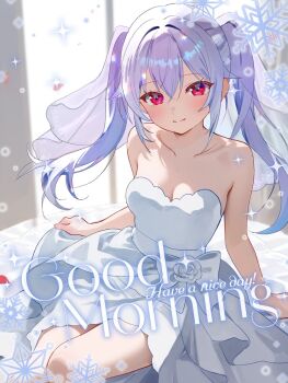 1girl bare_shoulders breasts cleavage closed_mouth commentary_request cowboy_shot double-parted_bangs dress good_morning hair_between_eyes highres iriam light_particles long_hair looking_at_viewer medium_breasts nitak_(iriam) nta_(n_tan2) pink_eyes purple_hair sitting smile snowflakes solo strapless strapless_dress twintails veil virtual_youtuber wedding_dress white_dress