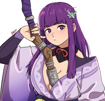 1girl absurdres artist_name blunt_bangs breasts cleavage closed_mouth cosplay dashi_(dashiart) fern_(sousou_no_frieren) genshin_impact hair_ornament highres holding holding_staff japanese_clothes kimono large_breasts long_hair looking_at_viewer mage_staff purple_eyes purple_hair purple_kimono purple_shrug raiden_shogun raiden_shogun_(cosplay) shrug_(clothing) simple_background solo sousou_no_frieren staff upper_body white_background