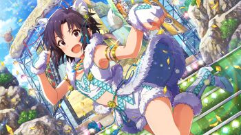 1girl :d animal_ears antenna_hair black_hair boots breasts commentary_request concert day dutch_angle fingerless_gloves game_cg gloves high_heel_boots high_heels idolmaster idolmaster_(classic) idolmaster_million_live! idolmaster_million_live!_theater_days kikuchi_makoto leg_up lion_ears looking_at_viewer official_alternate_costume official_art open_mouth outdoors purple_eyes shoes short_hair small_breasts smile solo stage standing standing_on_one_leg third-party_source white_boots white_gloves white_shoes