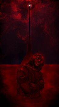 Rule 34 | 1boy, blood, blood from forehead, blood on clothes, blood on face, clenched teeth, crossed arms, head tilt, highres, horror (theme), iron lung (movie), long sleeves, male focus, partially submerged, pool of blood, scarf, short hair, simon (iron lung), solo, sophia42888, teeth, tunic, upper body, wavy hair, wet