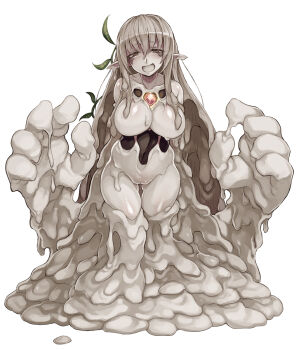 1girl :d blush breasts collarbone core dorome_(monster_girl_encyclopedia) earth_elemental elemental_(creature) female_focus full_body gem glowing grey_eyes grey_hair groin half-closed_eyes highres kenkou_cross large_breasts leaf long_hair looking_at_viewer monster_girl monster_girl_encyclopedia mud navel official_art open_mouth oversized_forearms oversized_limbs plant pointy_ears simple_background slime_(substance) slime_girl smile solo thigh_gap vines white_background