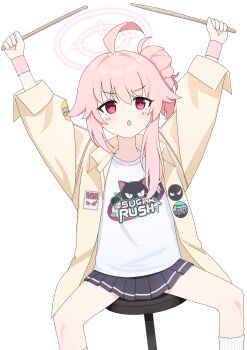 1girl :o absurdres ahoge arms_up black_skirt blue_archive blush bright_pupils chair commentary drumsticks expressionless feet_out_of_frame hair_between_eyes hair_bun halo highres holding holding_drumsticks jacket kotayo logo_print long_hair long_sleeves looking_ahead loose_socks miniskirt natsu_(band)_(blue_archive) natsu_(blue_archive) official_alternate_costume on_chair on_stool open_clothes open_jacket open_mouth pink_eyes pink_hair pink_halo pleated_skirt print_shirt ribbed_socks shirt simple_background single_hair_bun sitting skirt socks solo spread_legs stool t-shirt v-shaped_eyebrows white_background white_shirt white_socks wristband yellow_jacket