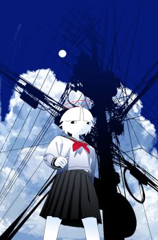 Rule 34 | 1girl, absurdres, ahoge, angel, black skirt, blue sky, chewchewer, closed mouth, cloud, cloudy sky, colored skin, from below, halo, highres, looking to the side, microsoft paint (medium), neckerchief, nyan (chewchewer), original, power lines, red halo, red neckerchief, school uniform, serafuku, short hair, skirt, sky, solo, sun, utility pole, white hair, white serafuku, white skin