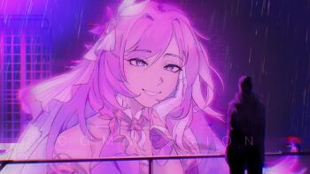 Rule 34 | 1girl, 1other, absurdres, bare shoulders, blade runner (series), blade runner 2049, chinese commentary, commentary request, commission, diamond-shaped pupils, diamond (shape), elysia (herrscher of human: ego) (honkai impact), elysia (honkai impact), hand on own cheek, hand on own face, highres, honkai (series), honkai impact 3rd, long hair, looking at another, luobo ni di jia, meme, multicolored hair, pink hair, purple eyes, rain, smile, symbol-shaped pupils, triquetra, two-tone hair, veil, very long hair, white hair, white veil, you look lonely (meme)