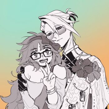 1boy 1girl alternate_costume bag bangle blush bracelet closed_mouth commentary_request facial_mark fate/grand_order fate_(series) flower_on_shoulder forehead_mark ganesha_(fate) gradient_background greyscale_with_colored_background hand_on_another&#039;s_shoulder highres jewelry jinako_carigiri karna_(fate) karna_(summer_outfit)_(fate) long_hair looking_at_viewer off_shoulder official_alternate_costume open_mouth orange_background rectangular_eyewear shoulder_bag sino_drow smile sunglasses sweatdrop teeth two-tone_background v