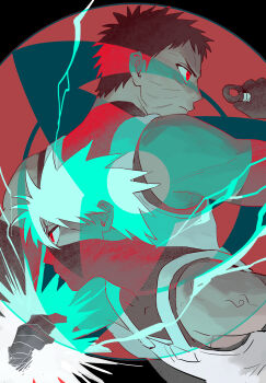 Rule 34 | 2boys, bare shoulders, black gloves, black hair, black mask, closed mouth, commentary request, facial mark, furrowed brow, gloves, hair between eyes, hatake kakashi, highres, holding, holding kunai, holding weapon, korean commentary, kunai, male focus, mask, mouth mask, multiple boys, nagsu (narksuhaza), naruto (series), red eyes, scar, scar across eye, scar on face, sharingan, short hair, spiked hair, uchiha obito, upper body, weapon, white hair