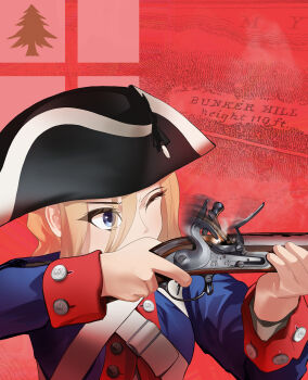 1girl absurdres antique_firearm bicorne black_hat blonde_hair blue_eyes blue_jacket commentary english_commentary finger_on_trigger firearm firelock firing flag_background flintlock gewehrbroker gun hat highres jacket looking_to_the_side map map_background military one_eye_closed original soldier solo united_states upper_body weapon