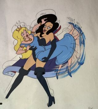 2girls bare_shoulders battletoads black_gloves black_hair black_leotard black_thighhighs blonde_hair blue_dress bracelet cape carrying carrying_person cel chuck_patton_(artist) commentary crown dark_queen_(battletoads) dominatrix dress english_commentary gloves gown high_heels highres jewelry leotard lipstick looking_at_another makeup multiple_girls necklace official_art princess princess_angelica_(battletoads) production_art queen smile strapless strapless_leotard thighhighs white_background