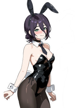 1girl absurdres alternate_costume animal_ear_hairband animal_ears aqua_eyes bare_shoulders black_hair black_hairband black_leotard black_necktie black_pantyhose blush breasts chainsaw_man closed_mouth commentary covered_navel cowboy_shot detached_collar fake_animal_ears fake_tail gubee hair_between_eyes hairband highres leotard looking_at_viewer necktie pantyhose playboy_bunny rabbit_ear_hairband rabbit_ears rabbit_tail reze_(chainsaw_man) simple_background small_breasts smile solo strapless strapless_leotard tail white_background white_wrist_cuffs wrist_cuffs