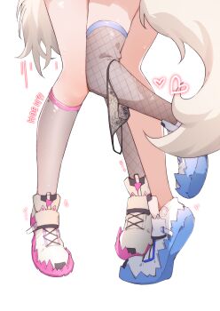 2girls absurdres airenif blue_footwear dog_girl dog_tail fishnet_thighhighs fishnets fuwawa_abyssgard heart highres hololive hololive_english incest lace lace_panties leg_focus mococo_abyssgard multiple_girls panties panties_around_leg pink_shoes shoe_soles shoes siblings simple_background single_thighhigh sisters standing standing_on_one_leg tail thighhighs twincest twins underwear virtual_youtuber white_background white_footwear yuri