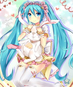 1girl aqua_eyes aqua_hair artist_name boots character_name female_focus hatsune_miku long_hair rabbit skirt smile solo takai_seika thigh_boots thighhighs twintails very_long_hair vocaloid