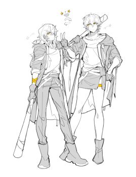 1boy 1girl arm_ribbon arrow_(symbol) baseball_bat belt boots bright_pupils caelus_(honkai:_star_rail) caelus_(honkai:_star_rail)_(cosplay) clenched_hand closed_mouth coat collarbone cosplay costume_switch crossdressing crossdressing_(ftm) crossdressing_(mtf) dairyexpir6767 dual_persona fingerless_gloves full_body gloves greyscale hair_between_eyes hair_over_one_eye hand_on_own_hip hand_up hashtag-only_commentary high_heel_boots high_heels highres holding holding_baseball_bat honkai:_star_rail honkai_(series) hood hooded_coat jacket lapels long_hair long_sleeves looking_at_viewer looking_up miniskirt monochrome open_clothes open_coat open_jacket orange_eyes pants ribbon shirt short_hair sidelocks simple_background skirt standing star_(symbol) stelle_(honkai:_star_rail) stelle_(honkai:_star_rail)_(cosplay) t-shirt tassel thigh_strap trailblazer_(honkai:_star_rail) two-sided_coat two-sided_fabric two-sided_jacket v white_pupils