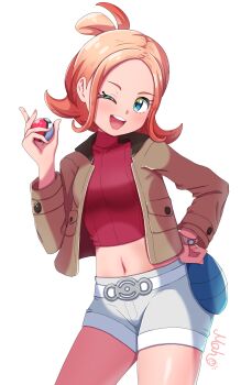 1girl absurdres belt blonde_hair bracelet brown_jacket contrapposto cowboy_shot cropped_sweater gradient_hair hand_on_own_hip hand_up highres holding holding_poke_ball jacket jewelry looking_at_viewer maho_(corotonton5150) mega_ring midriff multicolored_hair navel nintendo one_eye_closed poke_ball pokemon pokemon_legends:_z-a short_hair short_shorts shorts simple_background solo sweater taunie_(pokemon) turtleneck turtleneck_sweater white_background white_belt white_shorts