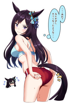 >_< 1girl absurdres animal_ears ass bare_shoulders black_hair blue_sports_bra blush bow breasts buruma closed_eyes closed_mouth commentary commentary_request duplicate ear_bow hair_between_eyes highres hinoaki horse_ears horse_girl horse_tail long_hair medium_breasts mejiro_dober_(umamusume) pixel-perfect_duplicate purple_eyes red_buruma speech_bubble sports_bikini sports_bra sweatdrop tail thought_bubble translation_request tug umamusume