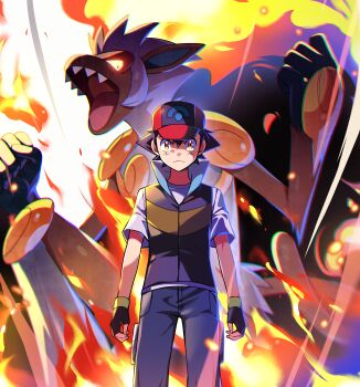 1boy absurdres ash_ketchum baseball_cap black_vest closed_mouth commentary_request cowboy_shot fiery_hair fingerless_gloves fire frown gen_4_pokemon gloves glowing glowing_eyes hat highres infernape jacket long_sleeves male_focus monkey nintendo pants pokemon pokemon_(anime) pokemon_(creature) pokemon_dppt_(anime) red_hat shirt short_hair short_sleeves tuze111 vest white_shirt