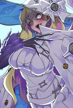 1girl absurdres blonde_hair blue_eyes breasts cape diabellze_the_original_sinkeeper duel_monster gloves haijiru_0616 hat heterochromia highres large_breasts long_hair multicolored_hair open_mouth purple_hair sharp_teeth teeth upper_body white_hat witch witch_hat yu-gi-oh!