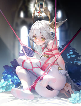 Rule 34 | 1girl, absurdres, arms behind back, bdsm, bed sheet, bilingual commentary, blue flower, blue ribbon, blurry, blurry background, blush, bodysuit, bondage, bound, bound ankles, bound arms, bound legs, bound thighs, bound torso, breasts, chinese commentary, closed mouth, commentary, commentary request, commission, double-parted bangs, double v, english commentary, feet, floating headgear, flower, flowerscur, hair between eyes, hair flower, hair ornament, hair ribbon, headgear, highres, indoors, long hair, looking at viewer, medium breasts, mixed-language commentary, no shoes, original, pixiv commission, red rope, ribbon, rope, shibari, shibari over clothes, skindentation, smile, soles, solo, toes, v, variant set, very long hair, white bodysuit, white flower, yellow eyes