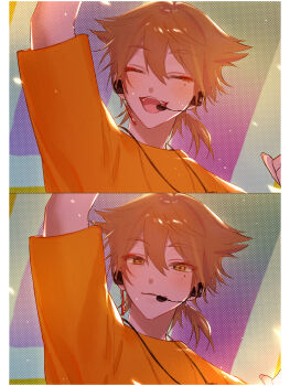 1boy absurdres arm_up blush closed_eyes closed_mouth collage commentary_request fushimi_gaku highres jewelry looking_at_viewer male_focus matochi_(fa) microphone mole mole_under_eye multiple_views necklace nijisanji nijisanji_fes_t-shirt open_mouth orange_eyes orange_hair orange_shirt shirt short_sleeves smile upper_body virtual_youtuber