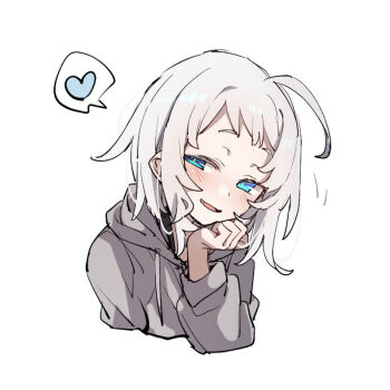 1girl ahoge azuma_shino blue_eyes blush fangs grey_hoodie hand_on_chin hand_on_own_face hand_under_chin heart hood hoodie nowareno_(azuma_shino) original sketch skin_fangs smile solo solo_focus spoken_heart white_background white_hair
