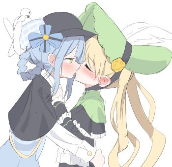 2girls black_capelet black_hat blonde_hair blue_dress blue_hair blush braid braided_hair_rings capelet closed_eyes commentary_request dress ear_blush green_hat hair_rings hat highres kiss mahou_shoujo_no_majo_saiban march_23th multiple_girls simple_background tachibana_sherry tono_hanna twintails white_background yuri