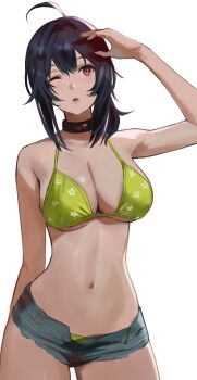 1girl alternate_costume bikini black_hair breasts choker cleavage cowboy_shot denim denim_shorts female_focus floral_print floral_print_bikini grace_howard green_bikini hair_between_eyes highres j@ck large_breasts midriff navel one_eye_closed open_mouth partially_unzipped ponytail print_bikini red_eyes shorts solo swimsuit unbuttoned underboob white_background zenless_zone_zero