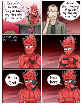 2boys absurdres cellphone colored_skin demon_horns english_text fiery_hair fullmetal_alchemist glasses happy hell highres holding holding_phone horns idiot_of_the_east male_focus multiple_boys original phone red_skin satan_(mythology) shou_tucker speech_bubble