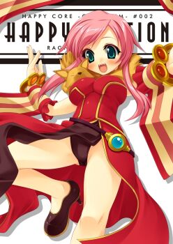 1girl :d bare_legs belt black_panties blush breasts detached_sleeves dress fangs female_focus fur green_eyes happy high_heels jumping legs long_hair no_socks open_mouth panties pink_hair professor professor_(ragnarok_online) ragnarok_online shoes smile solo underwear