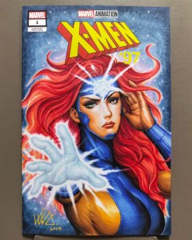 1girl 2024 blue_background blue_bodysuit bodysuit breasts commentary copyright_logo copyright_name cover_sketch english_commentary floating_hair glowing green_eyes hand_on_own_head highres jean_grey kunkka large_breasts logo long_hair marker_(medium) marvel multicolored_bodysuit pen_(medium) reaching reaching_towards_viewer red_hair serious solo superhero_costume traditional_media upper_body x-men x-men:_the_animated_series yellow_bodysuit