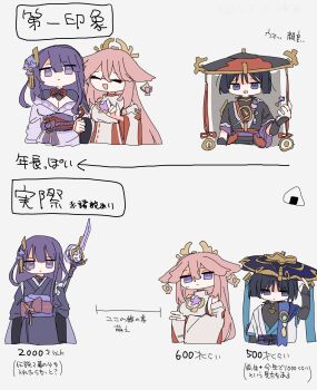 1boy 2girls absurdres animal_ears arm_at_side armor arrow_(symbol) black_bodysuit black_bow black_bridal_gauntlets black_hair black_hat black_kimono black_shrug black_sleeves blue_cape blue_gemstone blue_hat blue_kimono blue_sleeves blunt_bangs blunt_ends bodysuit bow breasts bridal_gauntlets cape chinese_knot cleavage closed_eyes closed_mouth crossed_arms crossed_bangs earrings engulfing_lightning_(genshin_impact) eyeliner eyeshadow facing_another fan_hair_ornament feathers floating floating_object flower fox_ears fox_shadow_puppet furisode gem genshin_impact gnosis_(genshin_impact) gold grey_veil hair_between_eyes hair_flower hair_ornament hand_on_another&#039;s_arm hand_on_own_arm hand_up hat hat_tip highres japanese_armor japanese_clothes jewelry jingasa juban kimono kote kurokote layered_sleeves long_hair long_sidelocks long_sleeves looking_at_viewer makeup mole mole_under_eye multiple_girls neck_ring nontraditional_miko obi obiage obijime off_shoulder open_mouth partially_shaded_face pink_hair pom_pom_(clothes) purple_eyes purple_flower purple_gemstone purple_hair purple_kimono purple_rope purple_sash purple_sleeves raiden_shogun red_eyeliner red_eyeshadow red_hat red_kimono red_sash red_sleeves ribbon-trimmed_sleeves ribbon_trim rope sash scaramouche_(genshin_impact) shimenawa short_sleeves shrug_(clothing) sidelocks sideways_glance sleeves_rolled_up sweatdrop swept_bangs tassel tasuki translation_request umigasa veil vision_(genshin_impact) wanderer_(genshin_impact) weapon weapon_on_back white_kimono white_rope white_sleeves white_trim wide_sleeves wispy_bangs yae_miko yellow_feathers