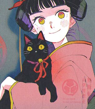 Rule 34 | 1girl, animal, asagiwa ico, bell, black cat, black hair, blush, cat, commentary request, from side, grey background, hair ornament, hair up, head tilt, highres, holding, holding animal, holding cat, japanese clothes, kimono, looking at viewer, mole, mole under eye, nihongami, original, pink kimono, red ribbon, ribbon, simple background, smile, solo, upper body, watermark, whiskers, yellow eyes